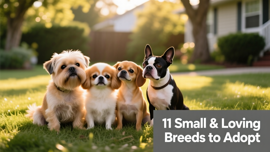 A diverse group of small companion breeds—including a Brussels Griffon, Japanese Chin, and Boston Terrier—sitting together on a grassy patch