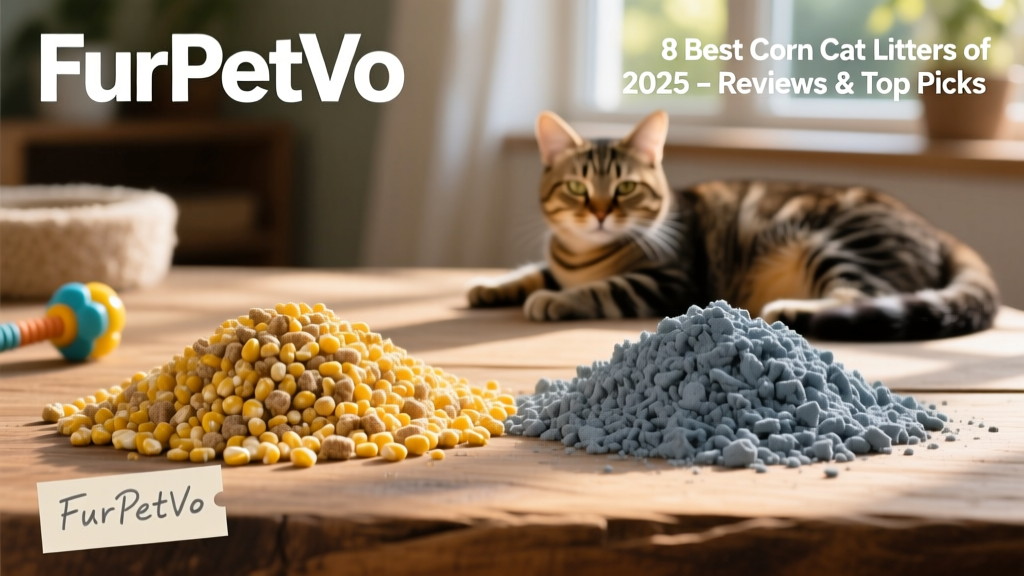 Side-by-side comparison of FurPetVo corn litter granules next to traditional clay litter, highlighting natural color and texture