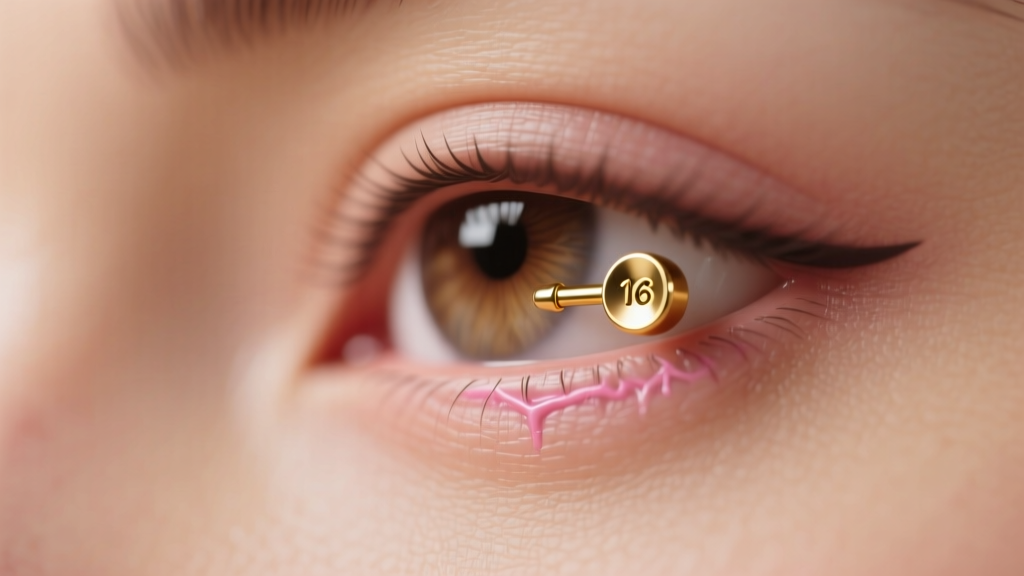 Close-up of a healing upper cartilage piercing fitted with a perfectly sized 16-gauge gold flat back labret stud in soft lighting.