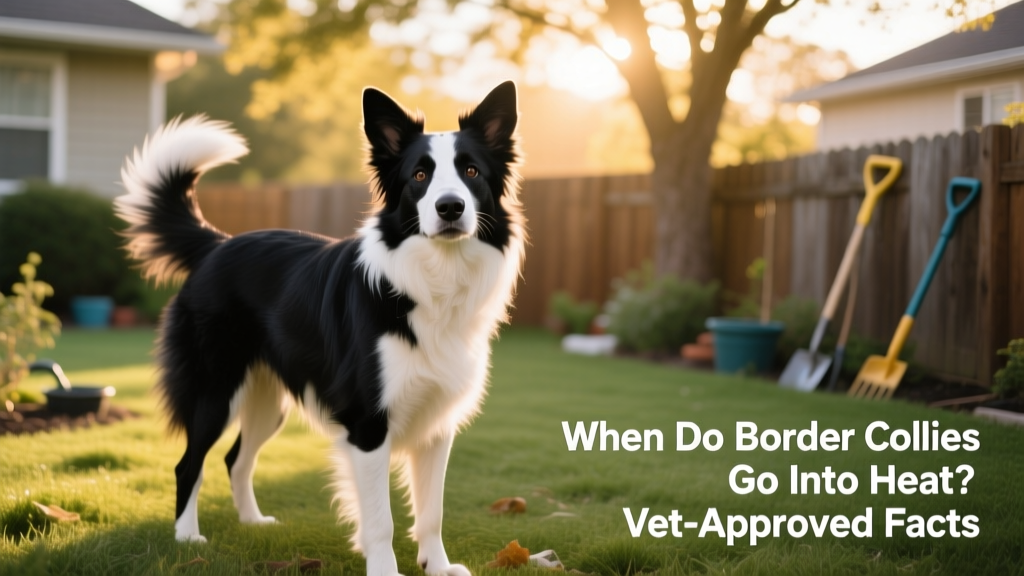 Young female Border Collie standing attentively in a sunlit backyard