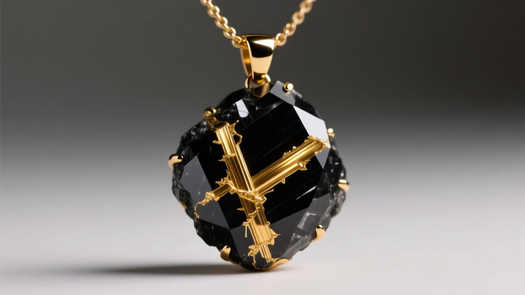 Close-up of a rutilated chunky quartz necklace pendant with golden inclusions on dark slate under soft warm lighting