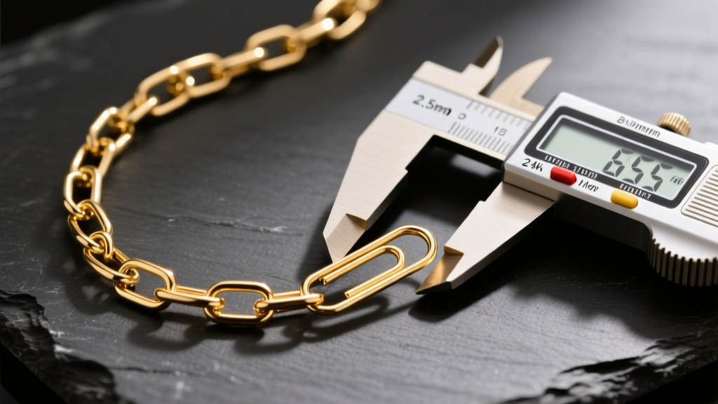 Top-down view of 14k gold paperclip chain links next to a digital caliper measuring 2.5mm wire thickness, resting on dark slate.