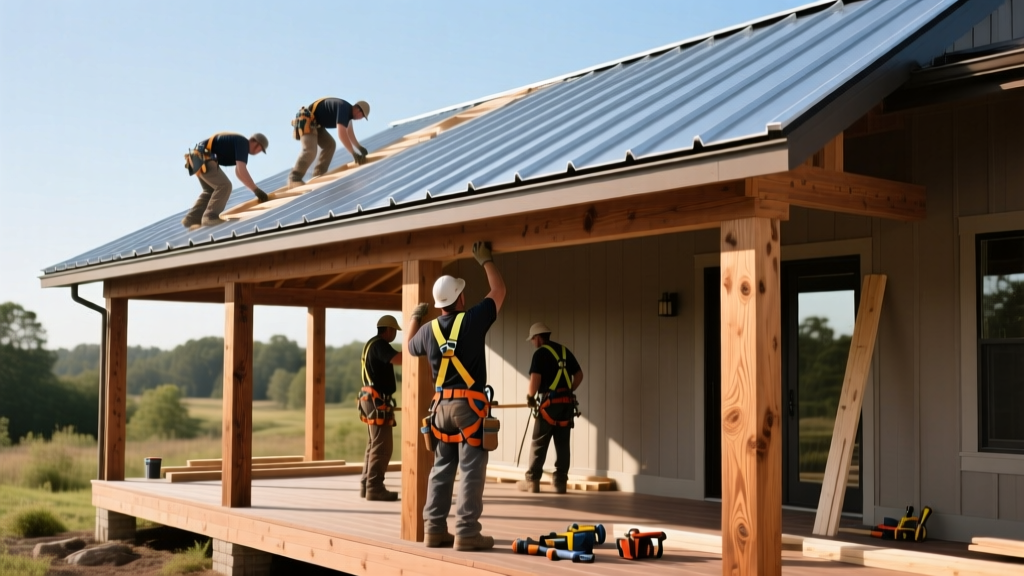Carpenters installing a standing seam metal roof over a spacious covered porch with pressure-treated pine columns and composite decking