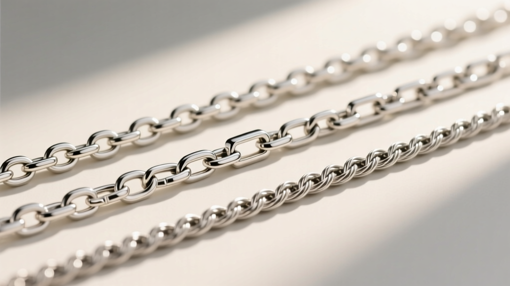 Macro close-up of three 16 inch chain styles including rolo, box, and cable chains in polished rhodium-plated sterling silver