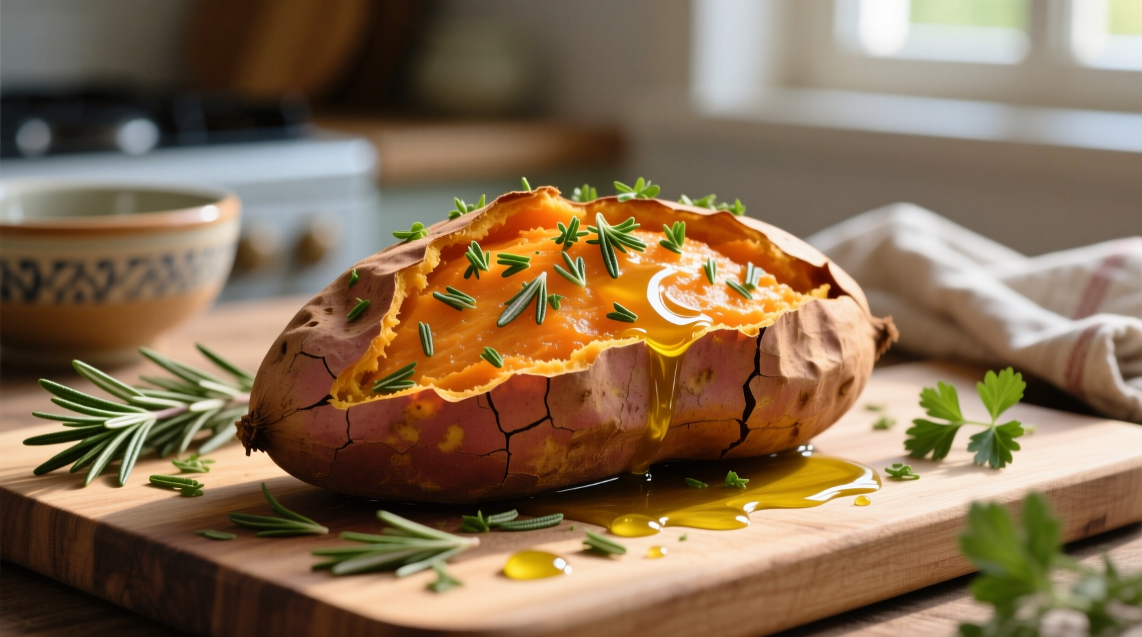 Baked sweet potato with herbs and olive oil