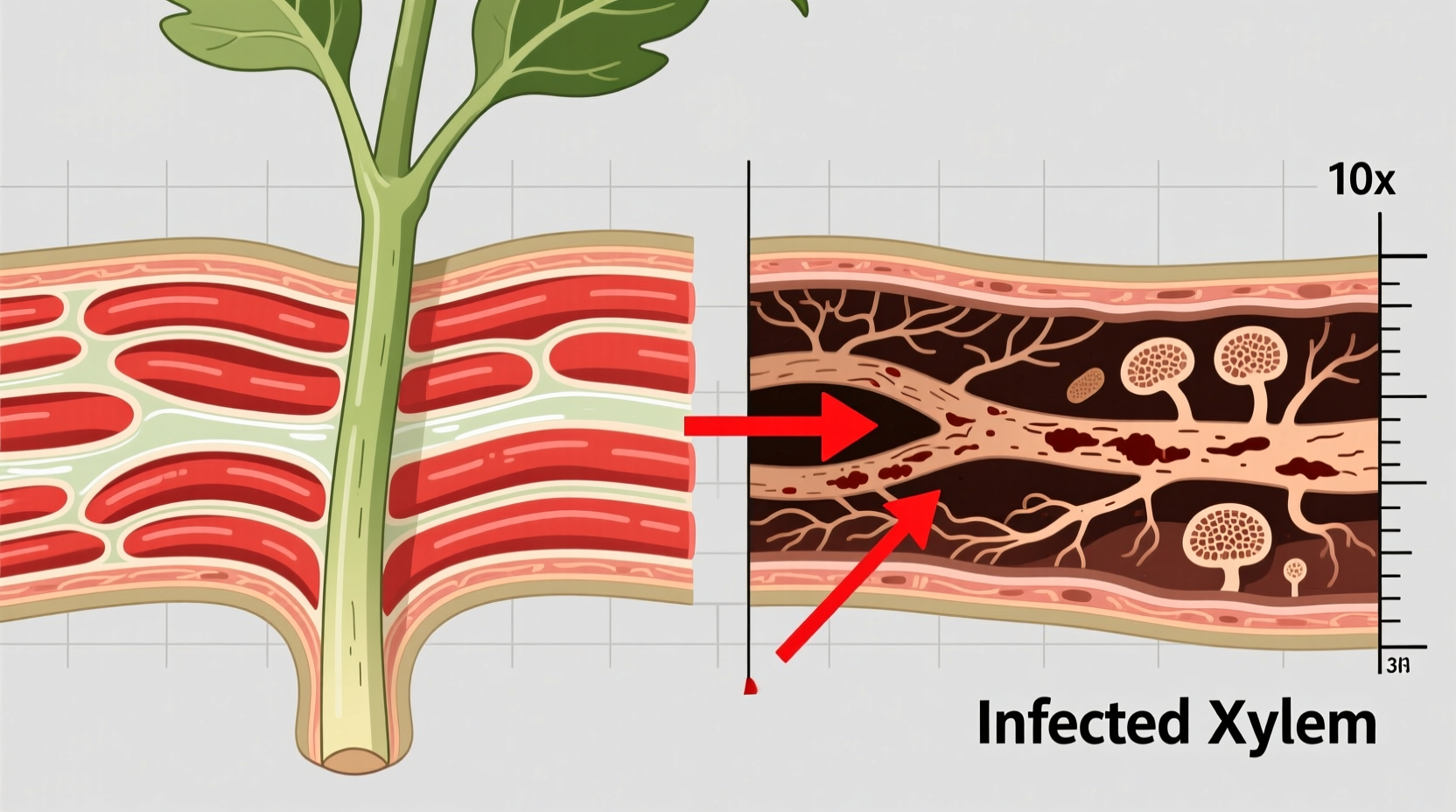 Close-up cross-section of a healthy tomato seedling stem (white vascular ring) beside an infected one showing distinct pinkish-brown discoloration in the xylem tissue