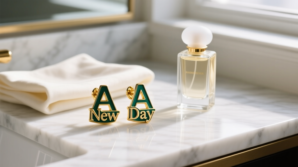 Flat lay of gold-tone and enamel A New Day fashion earrings on a marble vanity next to a glass perfume bottle and soft linen