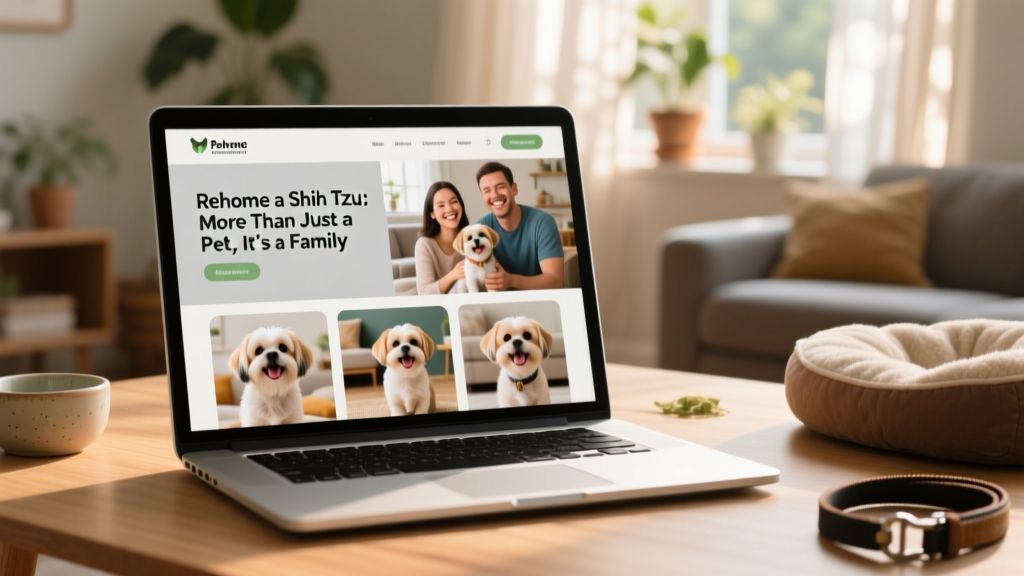 A laptop screen showing a clean, professional pet rehoming website interface with photos of happy dogs and adopters