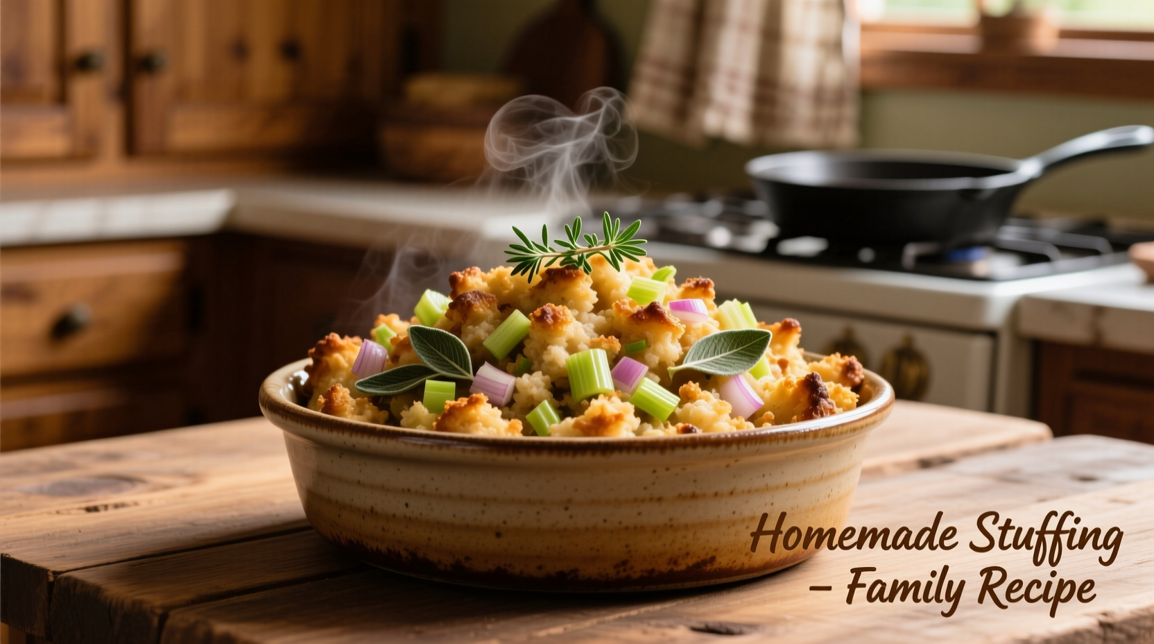 Golden brown stove top stuffing in serving bowl