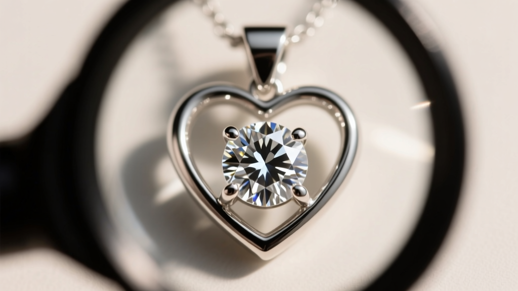 Close-up of a jeweler's loupe examining single-cut melee diamonds set in shared-prong silver heart pendant, showing facet alignment.