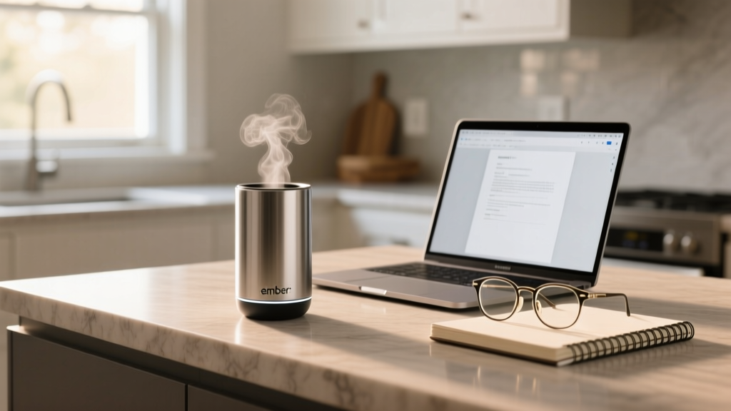 Modern kitchen counter featuring an Ember Temperature Control Travel Mug 2 next to a laptop and reading glasses on a bright morning