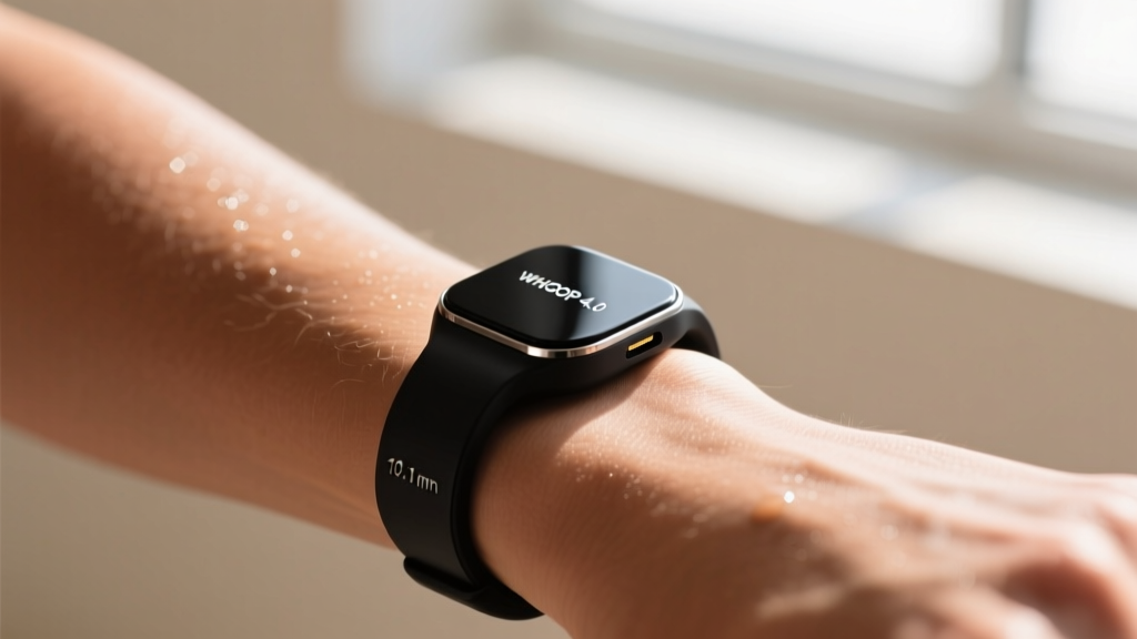 Close-up of the WHOOP 4.0 sensor pod showing its 10.1 mm thickness profile resting against a female athlete wrist