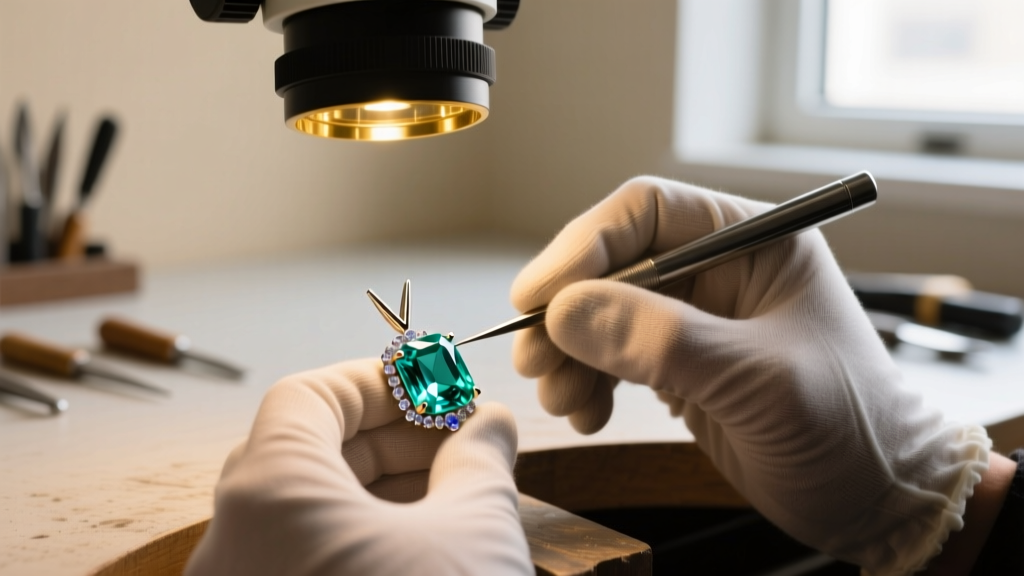 Close-up of a jeweler using a microscope to set a V-prong on the sharp corner of an emerald-cut aquamarine pendant with sapphires