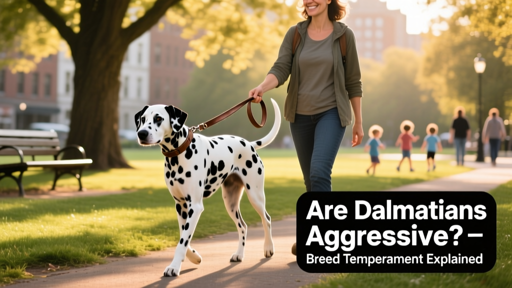 An adult Dalmatian walking calmly on leash beside its owner in a park