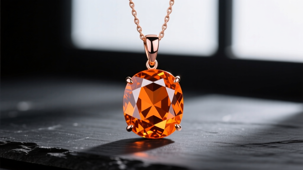 Vivid orange spessartite garnet pendant in 18k rose gold on dark slate, soft lighting highlighting faceted cuts and warm hues
