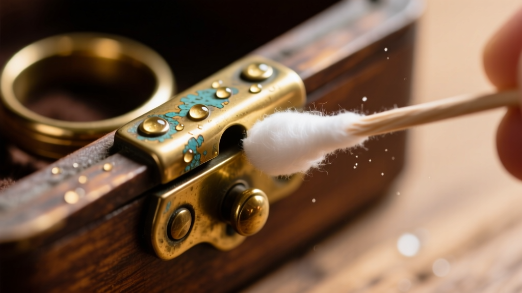 Macro view of a brass hinge on a vintage ring box being cleaned with a cotton swab and mild polish to remove oxidation