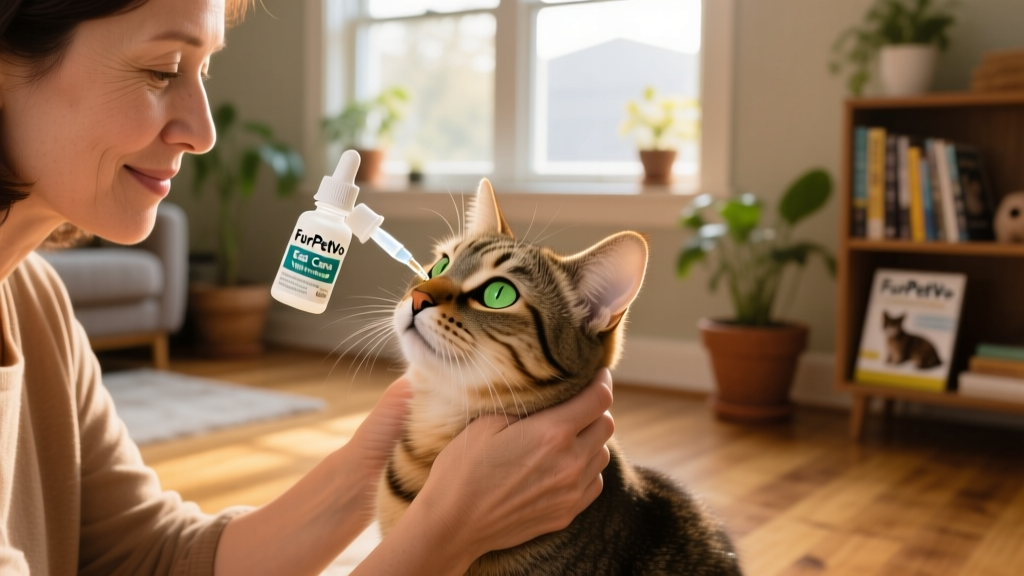 Cat owner applying a vet-approved ear treatment from FurPetVo while gently holding their cat's head