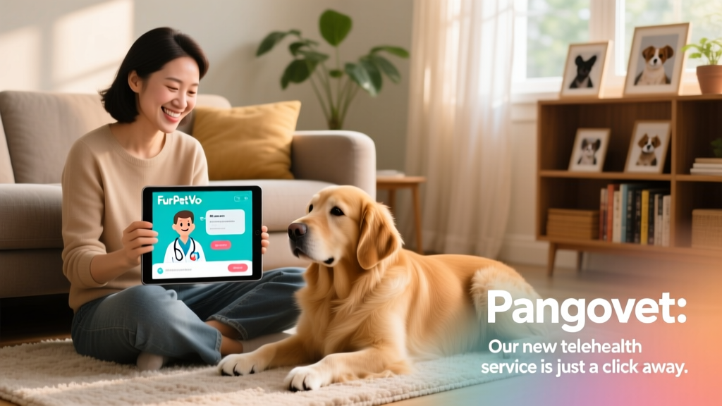 A smiling pet owner holding a tablet showing a FurPetVo vet consultation, with their relaxed dog resting beside them