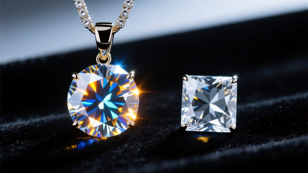 Macro photo of a brilliant-cut diamond pendant next to a cubic zirconia replica side-by-side under bright UV light on velvet