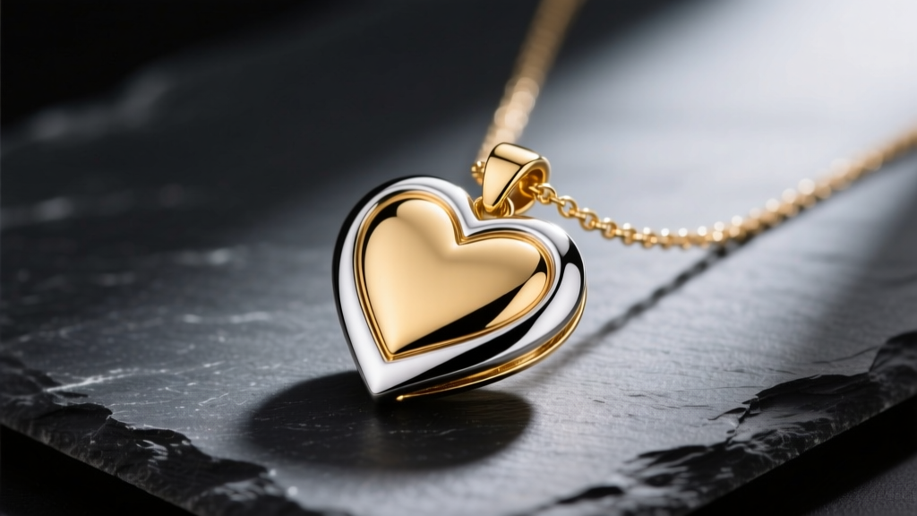 Two-tone 14k gold and sterling silver heart pendant necklace on dark slate, showing contrasting metal finishes and polished edges.