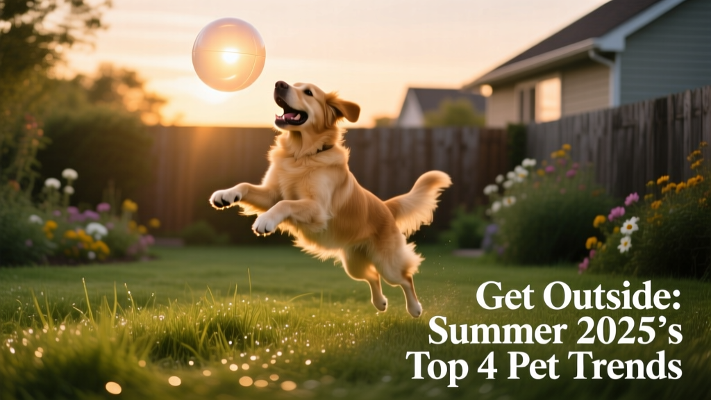 A glowing rubber ball mid-air as a dog leaps to catch it at dusk in a grassy yard