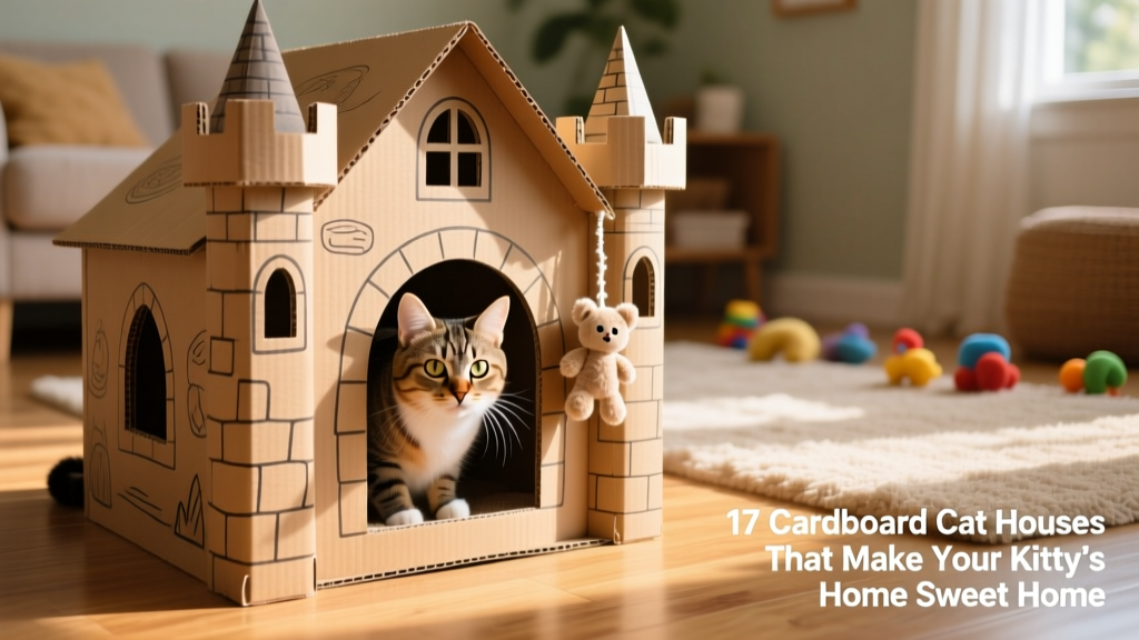 A cat peering curiously out of a castle-style cardboard cat house with turrets and a hanging toy