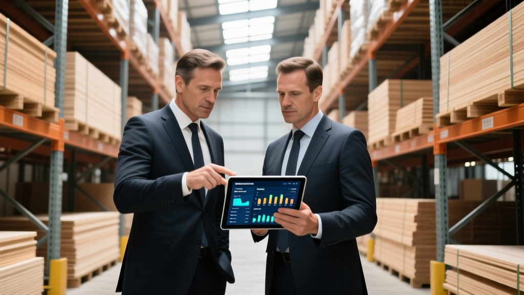 Two construction executives reviewing digital inventory dashboards on a tablet inside a busy lumber and drywall distribution warehouse aisle