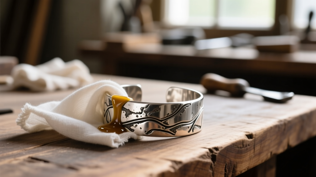 Soft cloth applying protective wax onto a textured oxidized sterling silver cuff bracelet resting on a wooden jeweler's work bench