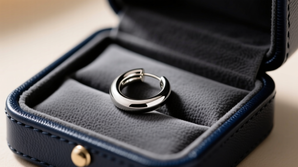 Silver hoop earring resting on dark grey anti-tarnish Pacific cloth lining inside a premium leather jewellery storage case