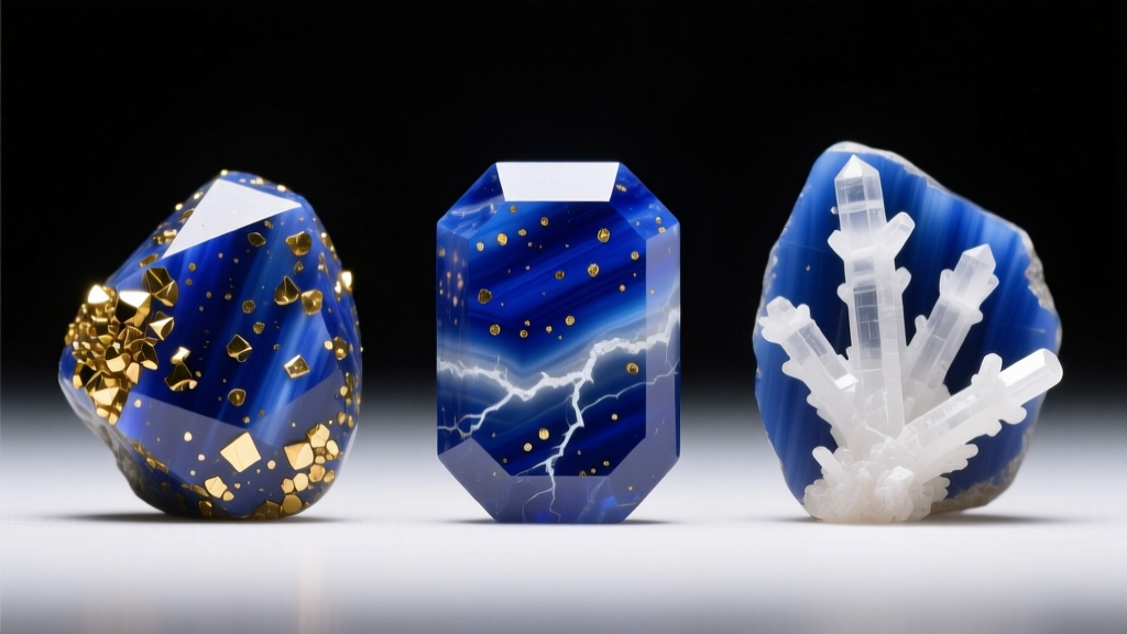 Macro shot comparing three lapis lazuli cabochons showing varying amounts of golden pyrite flecks and white calcite veining