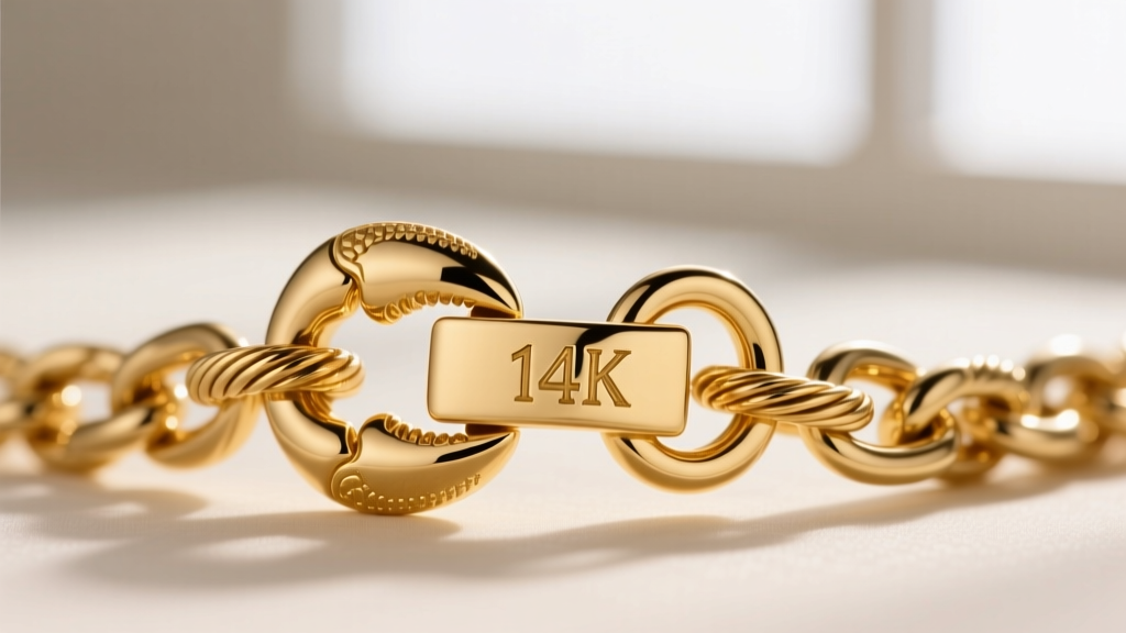 Macro shot of a jewelry clasp showing a stamped 14k hallmark and a sturdy cast lobster claw attached to a thick gold cable chain