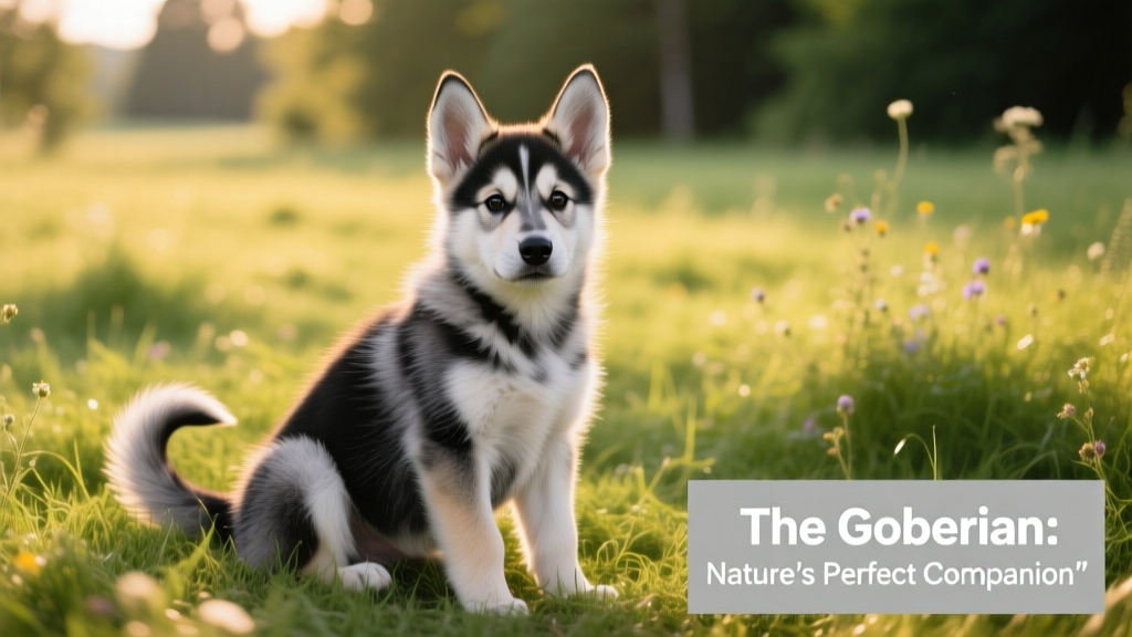 goberian puppy sitting in grass