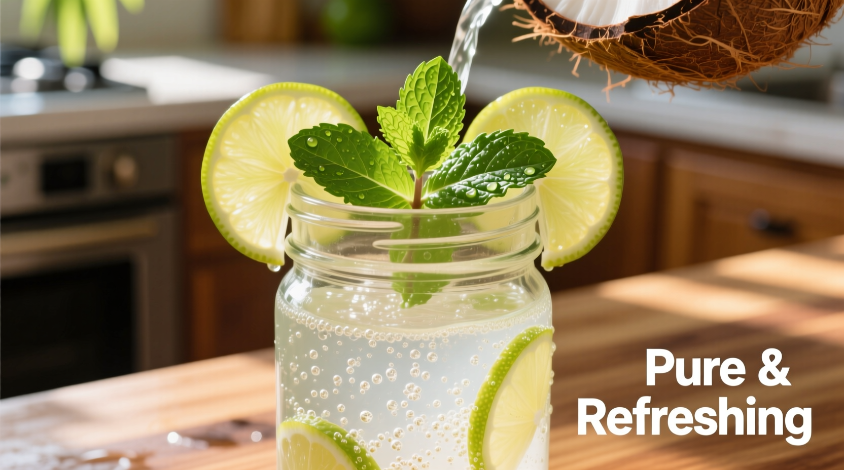 Fresh coconut water with lime slices and mint garnish