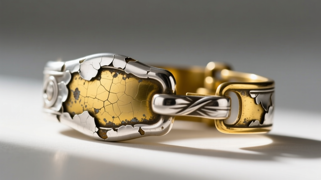 Close-up of a worn silver-plated brass clasp where the silver is peeling off to reveal the yellow brass base metal underneath.
