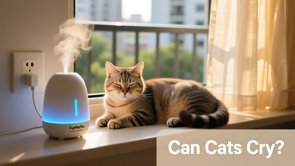 FurPetVo Optimum Enhanced Calming Diffuser plugged into an outlet beside a relaxed cat napping on a windowsill