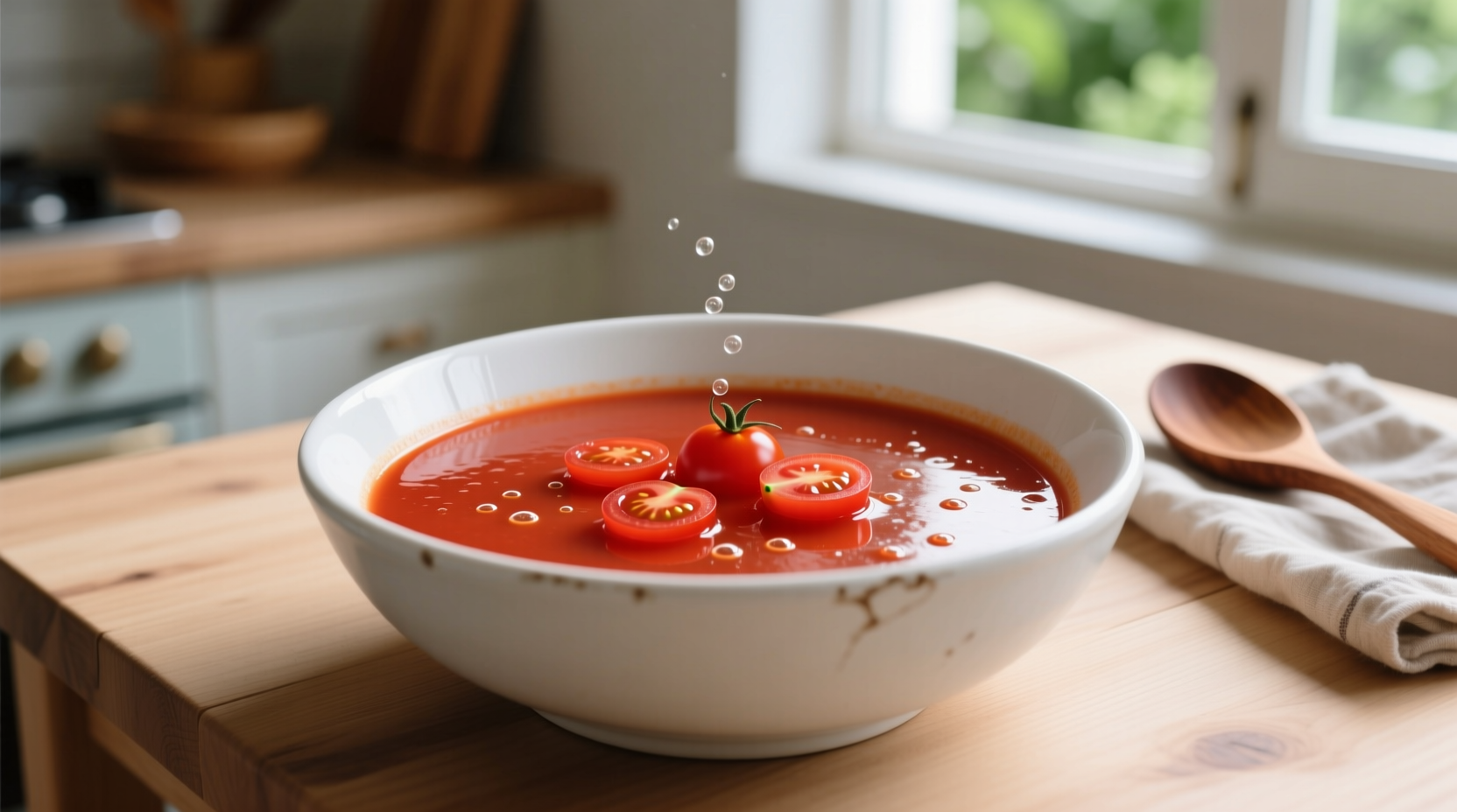 Vibrant red cherry tomato soup in white bowl