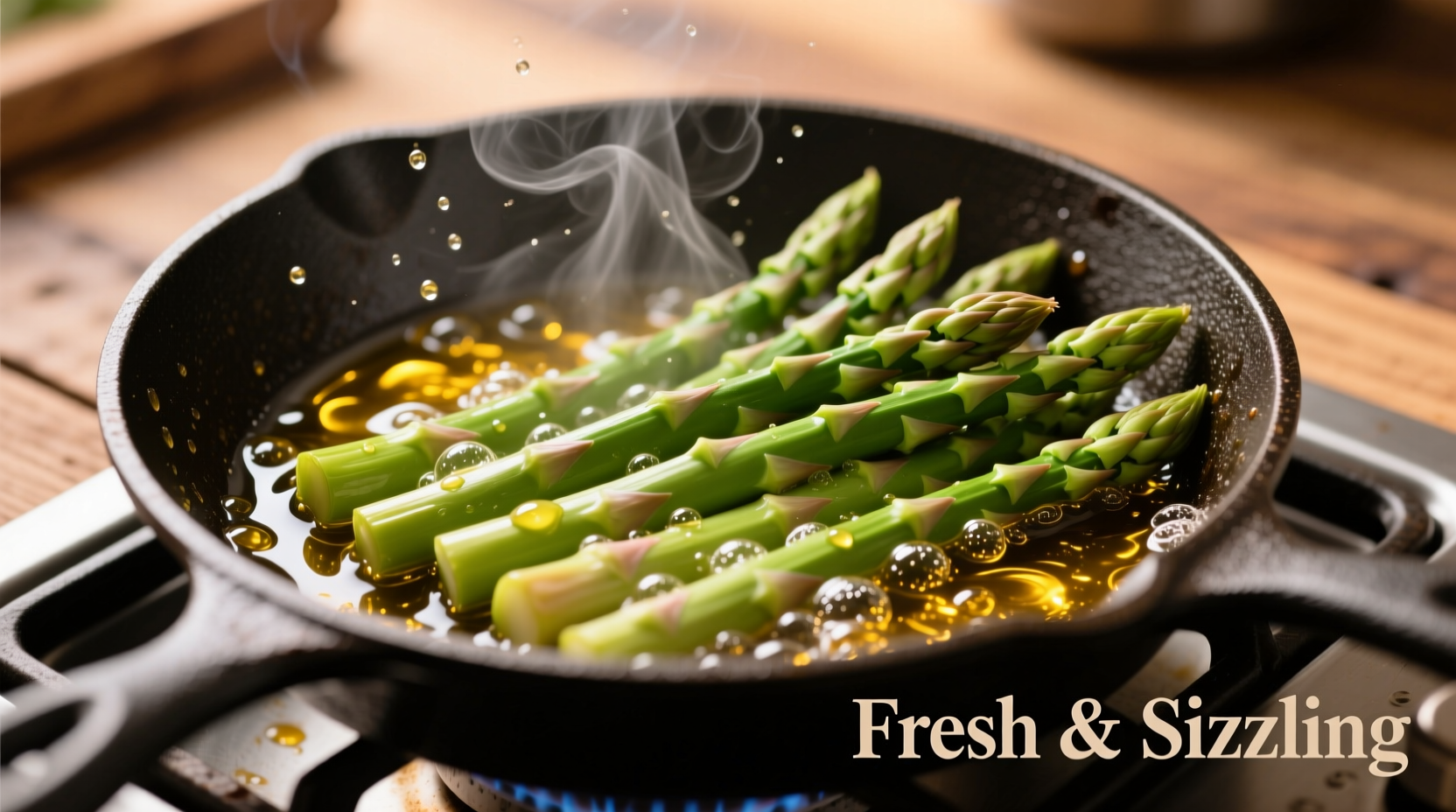 Fresh asparagus spears sizzling in a hot skillet with olive oil