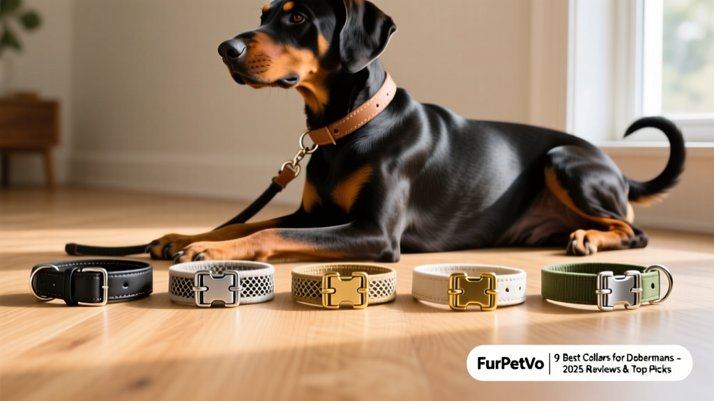 Side-by-side comparison of five FurPetVo collars showing different materials, widths, and hardware details