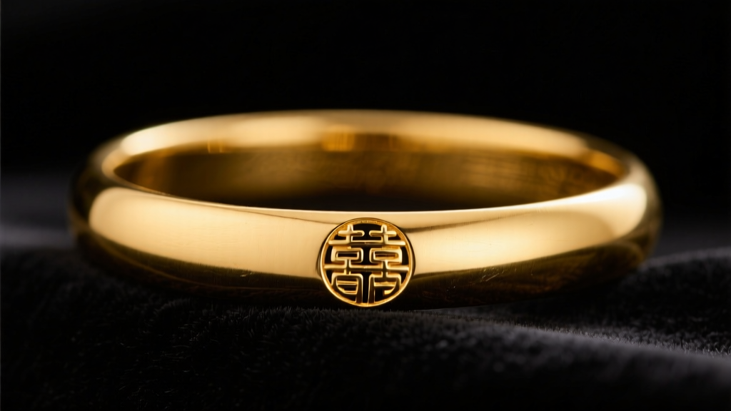 Macro shot of a pure gold bangle on dark velvet, highlighting the stamped Chinese hallmark under warm focused lighting