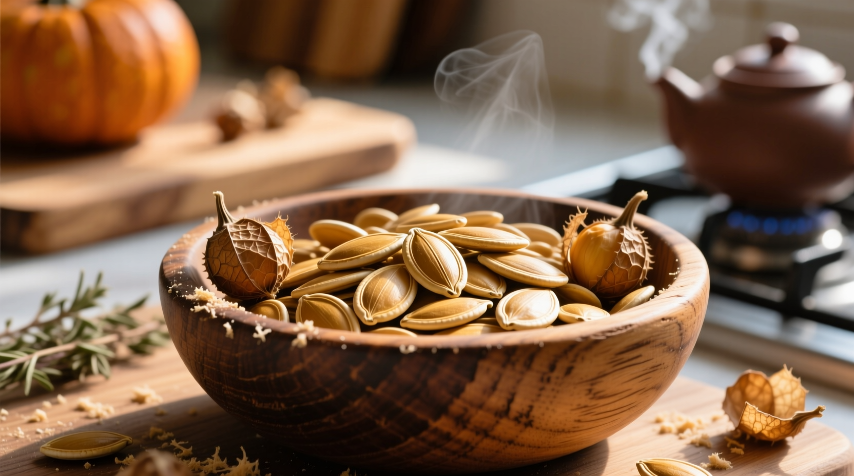Close-up of raw pumpkin seeds in a wooden bowl
