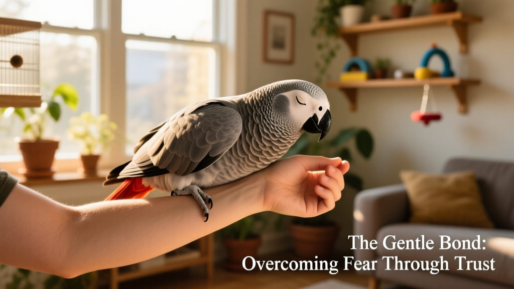 A trusting African grey resting calmly on a person’s forearm, head tilted slightly, eyes half-closed in contentment