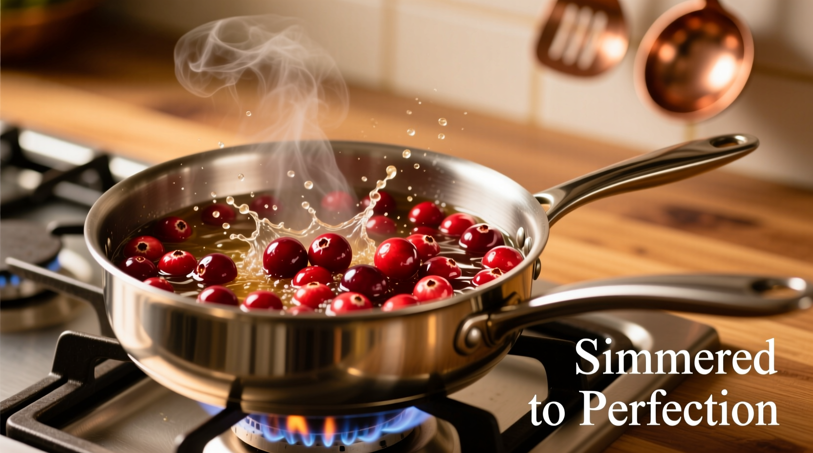 Fresh cranberries simmering in a saucepan