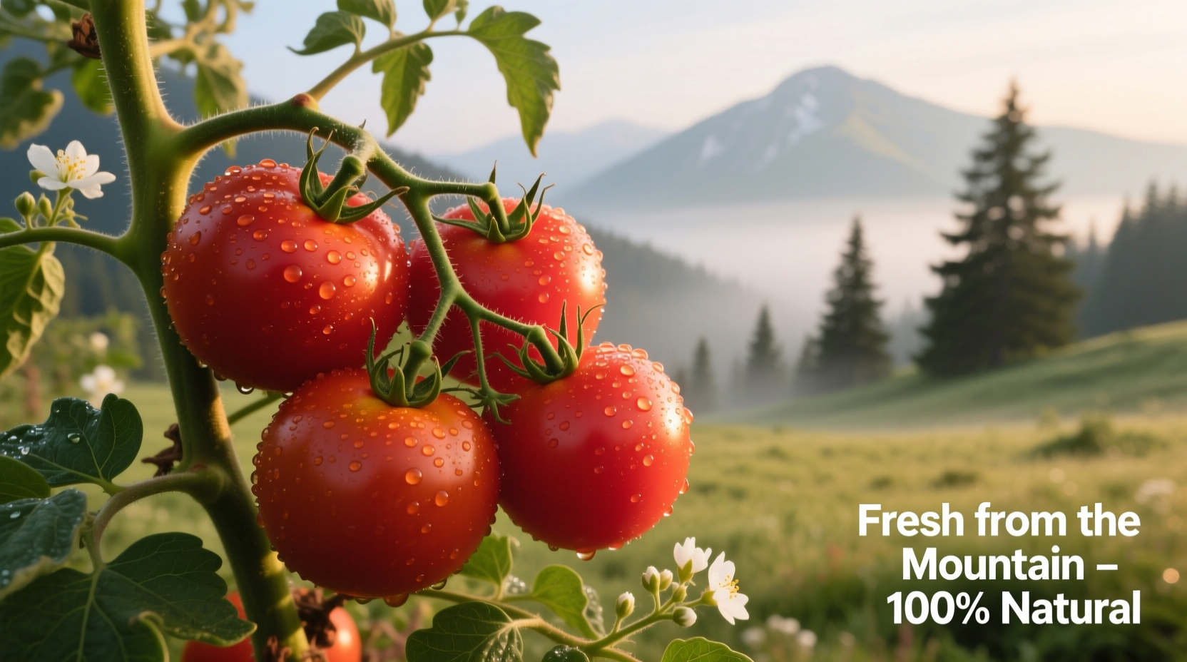 Ripe mountain fresh tomatoes on vine with morning dew