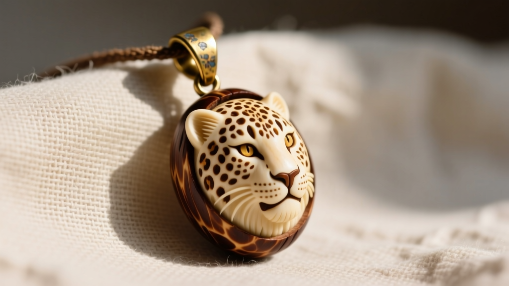 Macro shot of a hand-carved tagua nut leopard pendant with a recycled brass bail, displayed on raw, unbleached linen fabric