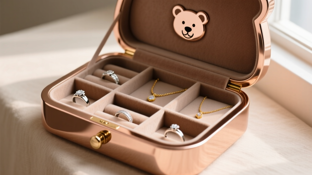 Open rose bear drawer showing anti-tarnish microsuede lining with dedicated slots for silver rings and delicate gold necklaces