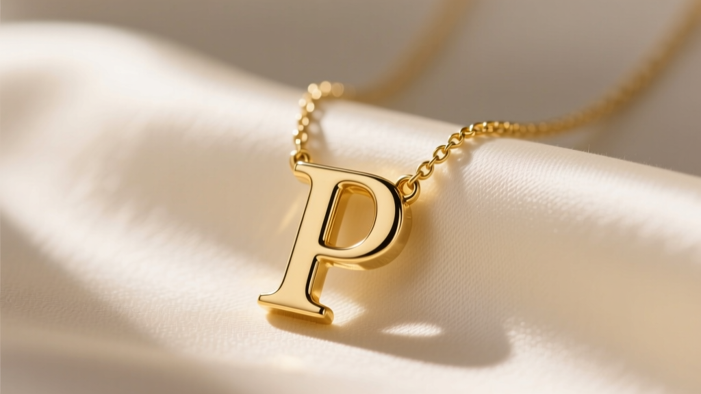 Close-up of a 14k solid gold P initial necklace resting on cream silk, soft morning light highlighting the polished serif letter.