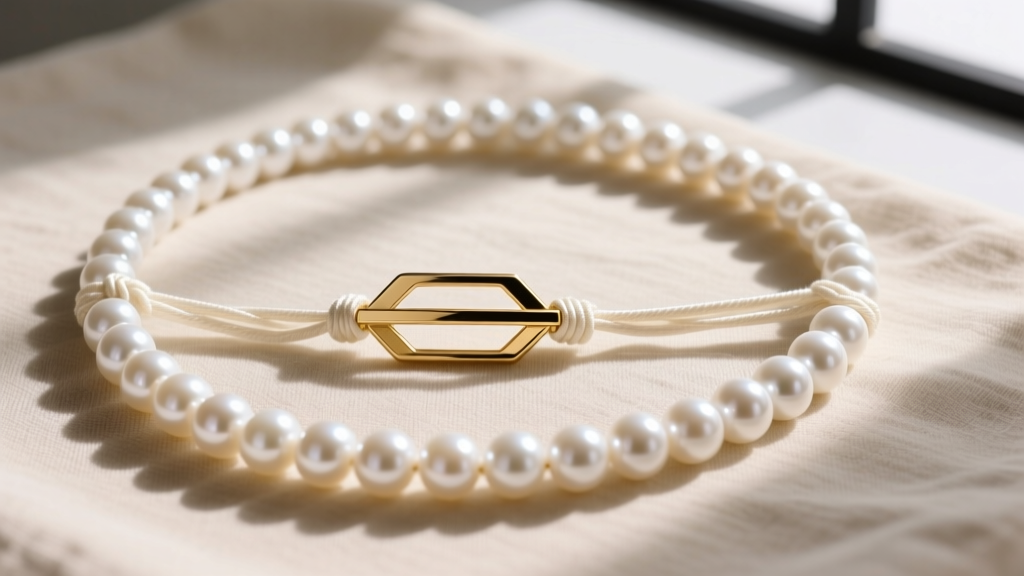 Top-down view of restrung white freshwater pearls with tight silk knots and a new gold clasp on a neutral beige linen cloth.