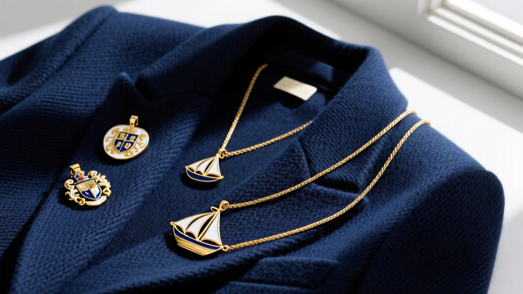 Flat-lay of enamel crest pendants, gold sailboat charms, and delicate 14k gold cable chains on textured navy blazer fabric.
