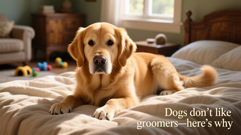 Golden Retriever hiding his face with his front paws on a bed