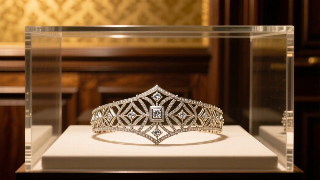 Auction room display case featuring a vintage Art Deco diamond bracelet, warm lighting highlighting intricate platinum filigree.